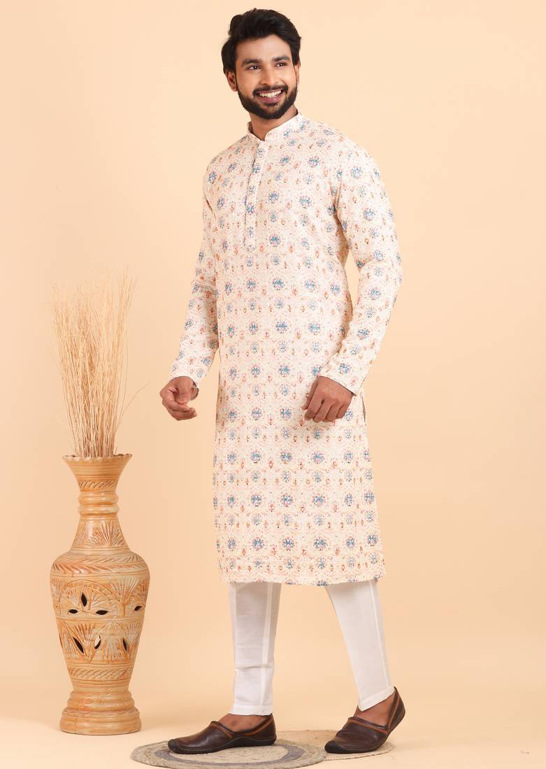 Men croset work embroidery with digital print kurta set