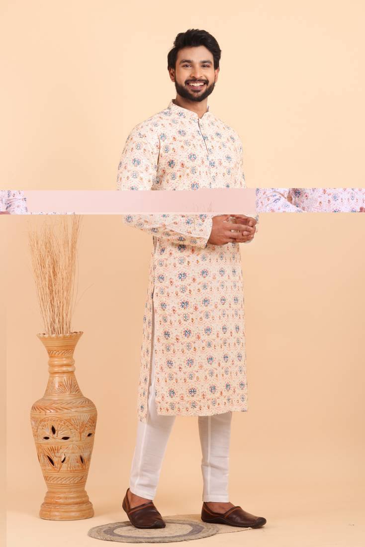 Men croset work embroidery with digital print kurta set