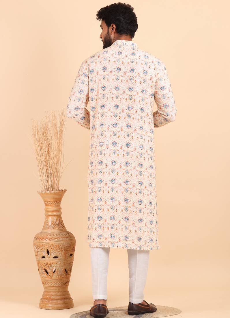 Men croset work embroidery with digital print kurta set