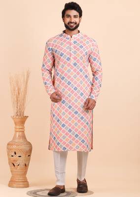 Men croset work embroidery with digital print kurta set 1