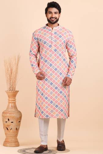 Men croset work embroidery with digital print kurta set