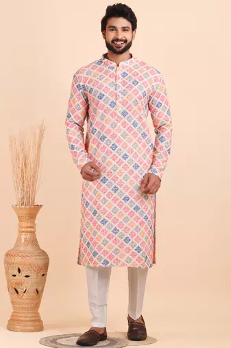 Men croset work embroidery with digital print kurta set