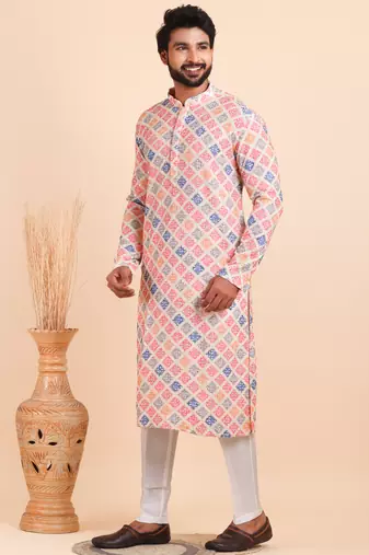 Men croset work embroidery with digital print kurta set