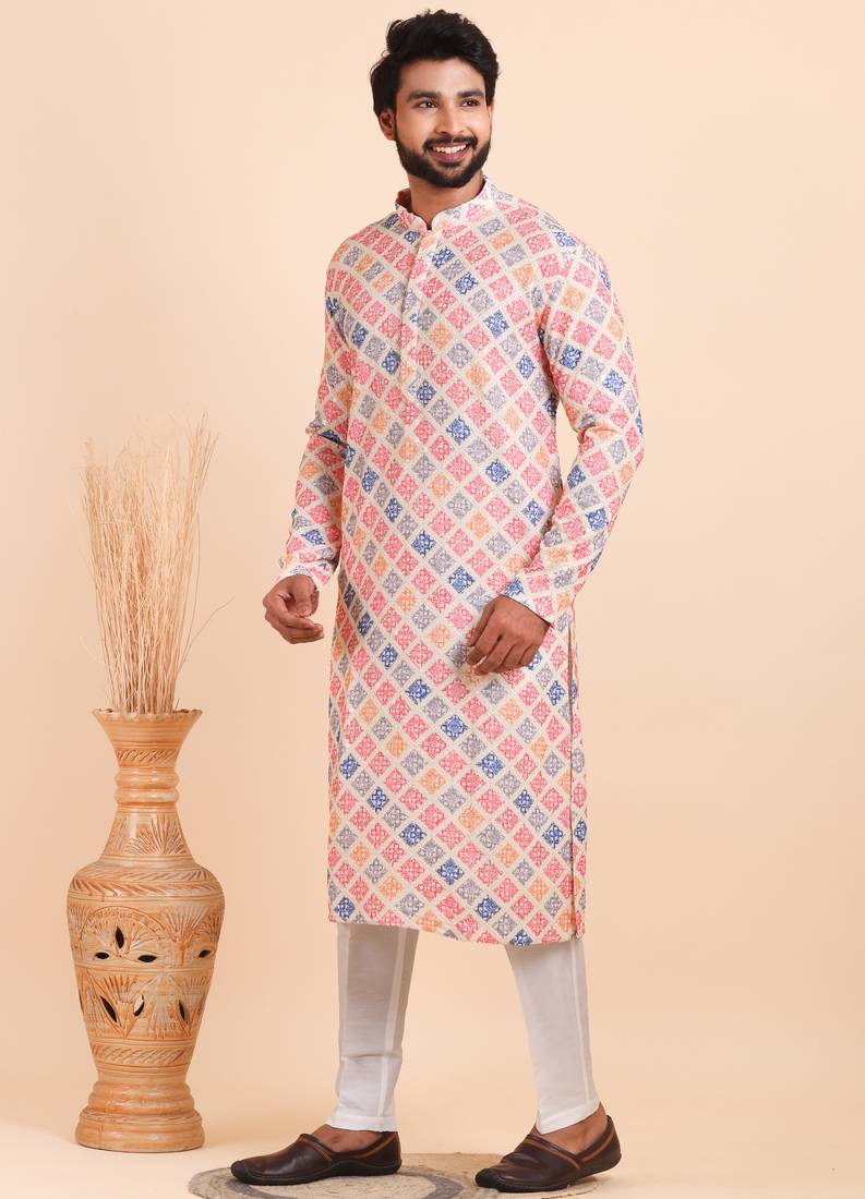 Men croset work embroidery with digital print kurta set