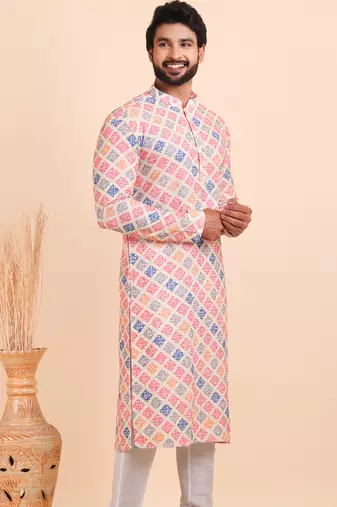 Men croset work embroidery with digital print kurta set