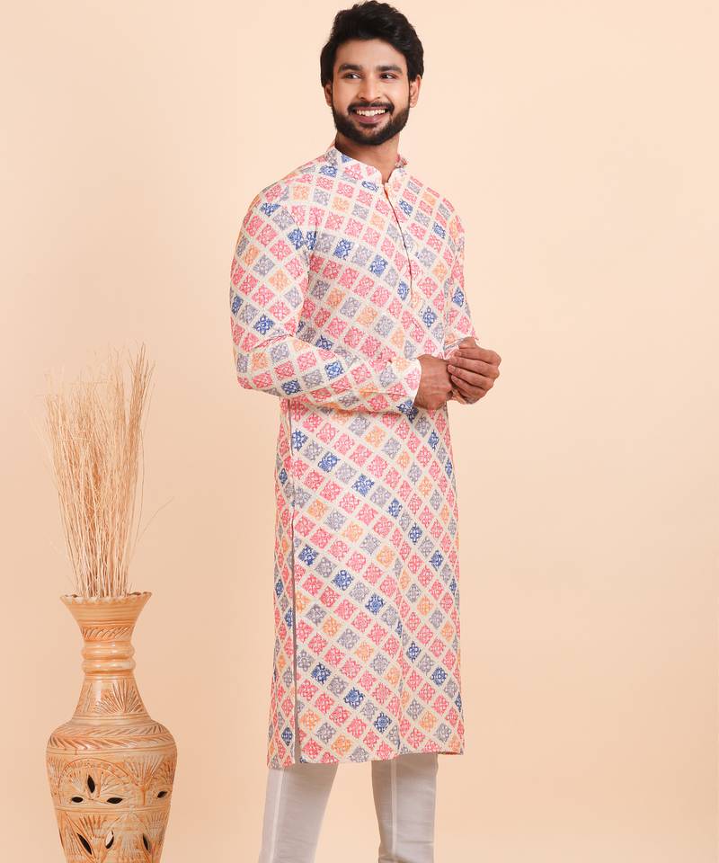 Men croset work embroidery with digital print kurta set