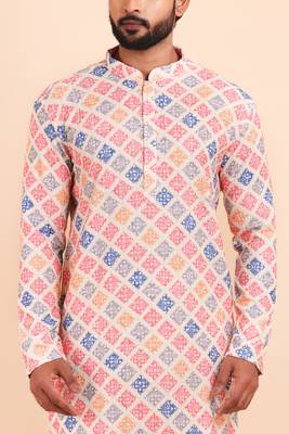 Men croset work embroidery with digital print kurta set 4