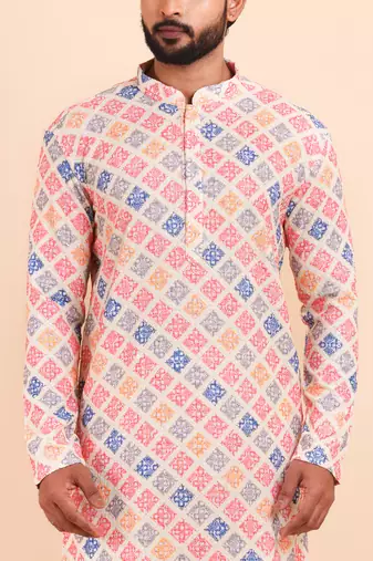 Men croset work embroidery with digital print kurta set