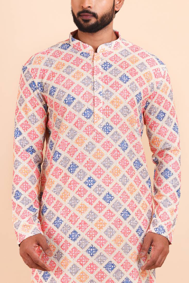 Men croset work embroidery with digital print kurta set