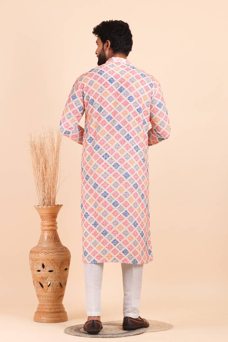 Men croset work embroidery with digital print kurta set