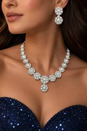 Pearl Floral CZ Bridal Necklace Earrings Set, Silver Wedding Jewelry