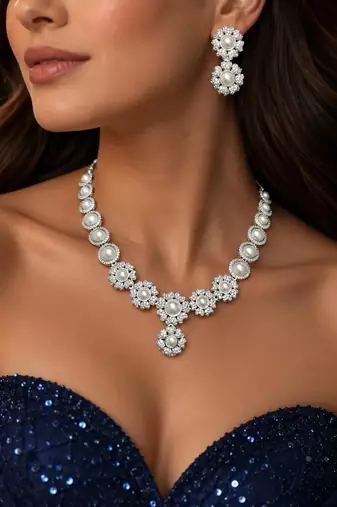 Pearl Floral CZ Bridal Necklace Earrings Set, Silver Wedding Jewelry