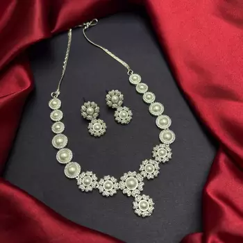 Pearl Floral CZ Bridal Necklace Earrings Set, Silver Wedding Jewelry 2
