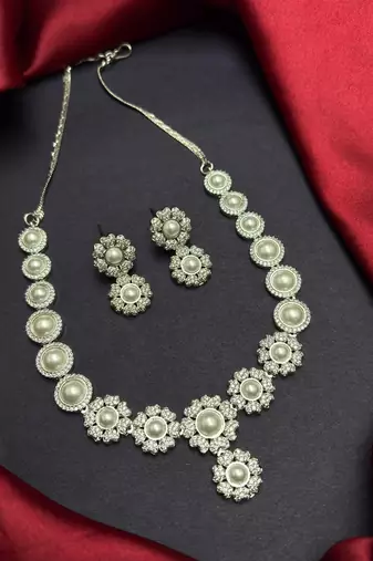Pearl Floral CZ Bridal Necklace Earrings Set, Silver Wedding Jewelry