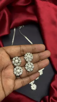 Pearl Floral CZ Bridal Necklace Earrings Set, Silver Wedding Jewelry 3