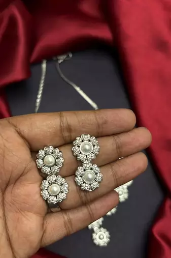 Pearl Floral CZ Bridal Necklace Earrings Set, Silver Wedding Jewelry
