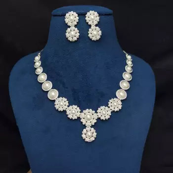 Pearl Floral CZ Bridal Necklace Earrings Set, Silver Wedding Jewelry 4