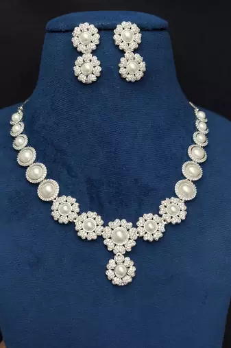 Pearl Floral CZ Bridal Necklace Earrings Set, Silver Wedding Jewelry