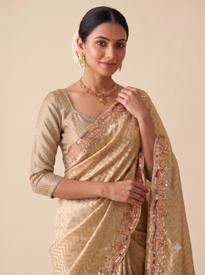 engaging beige-gold embroidery work with real bits work banarasi silk blend indian designer wedding saree 4