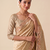 engaging beige-gold embroidery work with real bits work banarasi silk blend indian designer wedding saree
