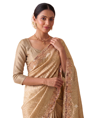 engaging beige-gold embroidery work with real bits work banarasi silk blend indian designer wedding saree 5