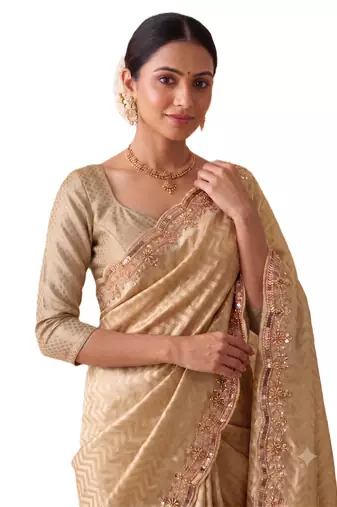 engaging beige-gold embroidery work with real bits work banarasi silk blend indian designer wedding saree