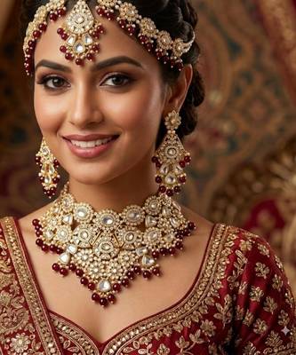 maroon necklace set with earrings & damni  kundan & agate stone  gold plated 1