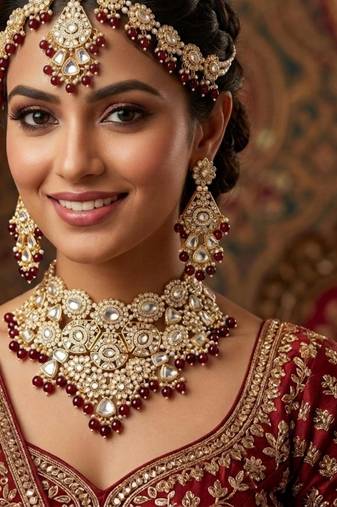 maroon necklace set with earrings & damni  kundan & agate stone  gold plated