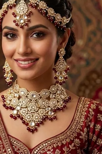 maroon necklace set with earrings & damni  kundan & agate stone  gold plated