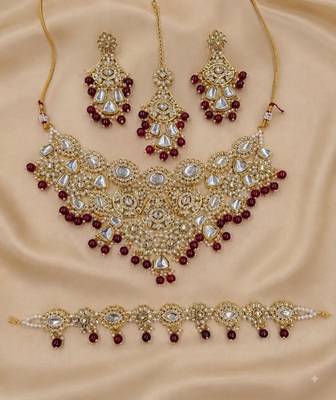 maroon necklace set with earrings & damni  kundan & agate stone  gold plated 2