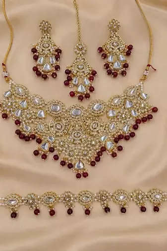 maroon necklace set with earrings & damni  kundan & agate stone  gold plated