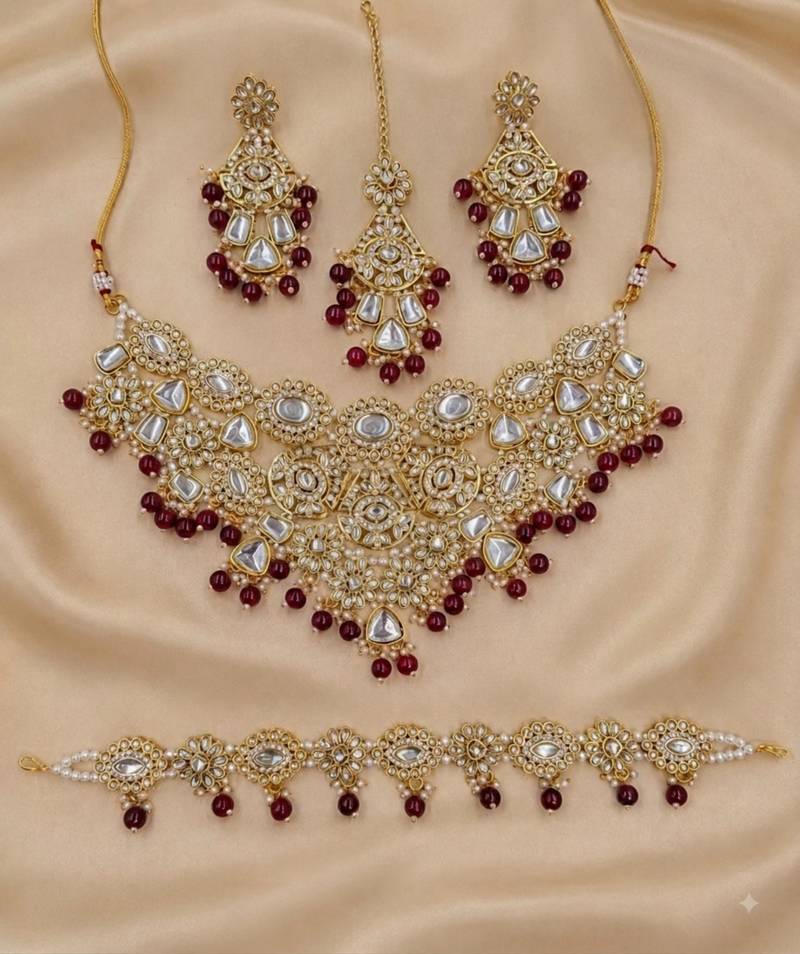 maroon necklace set with earrings & damni  kundan & agate stone  gold plated