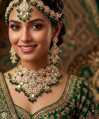 green necklace set with earrings & damni  kundan & agate stone  gold plated 1