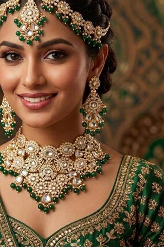 green necklace set with earrings & damni  kundan & agate stone  gold plated