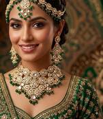 green necklace set with earrings & damni  kundan & agate stone  gold plated