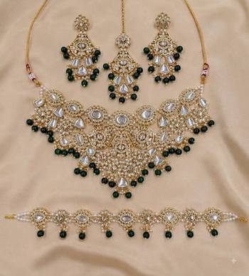 green necklace set with earrings & damni  kundan & agate stone  gold plated 2
