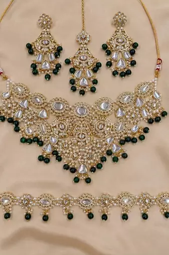green necklace set with earrings & damni  kundan & agate stone  gold plated