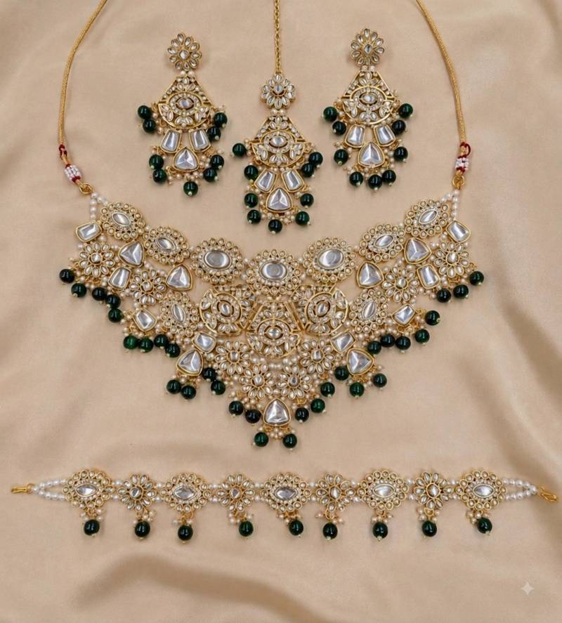 green necklace set with earrings & damni  kundan & agate stone  gold plated