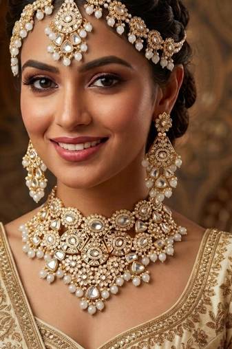 white necklace set with earrings & damni  kundan & agate stone  gold plated