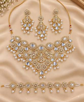 white necklace set with earrings & damni  kundan & agate stone  gold plated 2