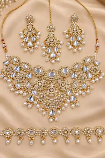 white necklace set with earrings & damni  kundan & agate stone  gold plated