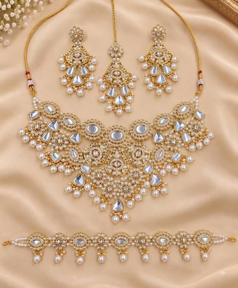 white necklace set with earrings & damni  kundan & agate stone  gold plated