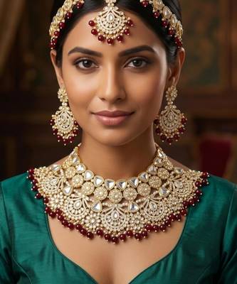 maroon necklace set with earrings & damni  kundan & agate stone  gold plated 1