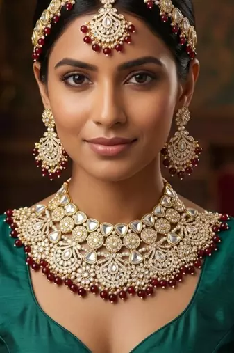 maroon necklace set with earrings & damni  kundan & agate stone  gold plated