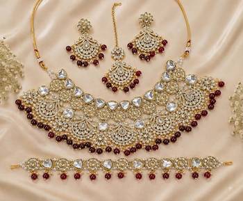 maroon necklace set with earrings & damni  kundan & agate stone  gold plated 2