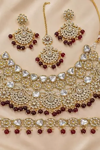 maroon necklace set with earrings & damni  kundan & agate stone  gold plated
