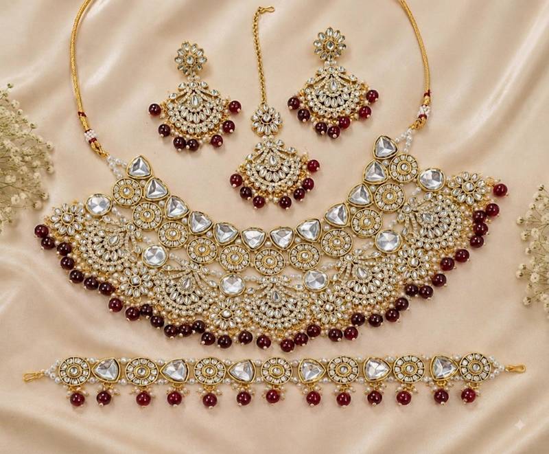 maroon necklace set with earrings & damni  kundan & agate stone  gold plated