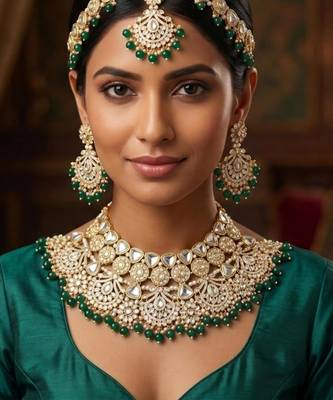 green necklace set with earrings & damni  kundan & agate stone  gold plated 1