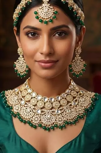 green necklace set with earrings & damni  kundan & agate stone  gold plated
