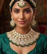 green necklace set with earrings & damni  kundan & agate stone  gold plated